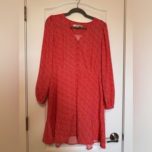 LOFT long sleeve red romantic midi dress. Fit and flare.